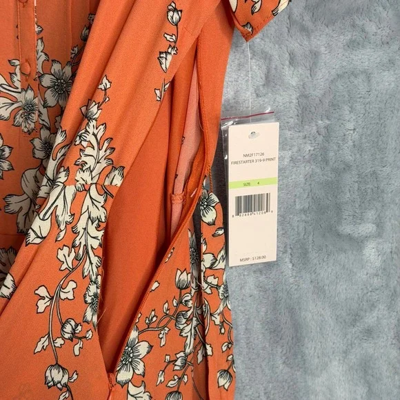New Nanette Lepore Dress Womens 4 Orange Floral Crepe V Neck Pleated Slip - Picture 4 of 9